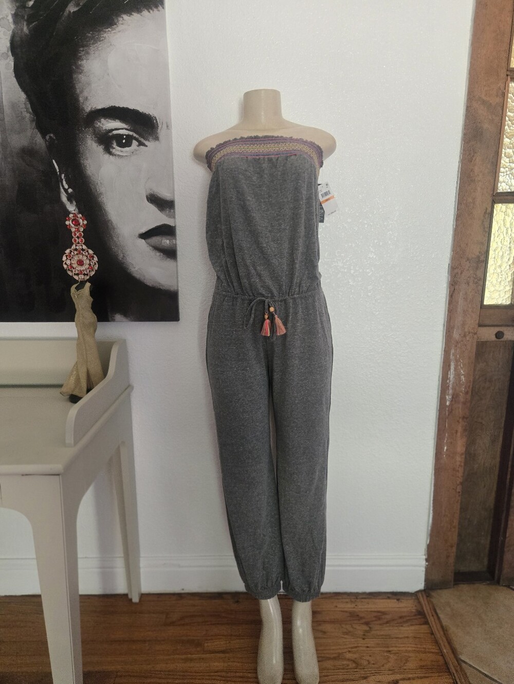 NWT Gray Strapless Jumpsuit with Tassel Accents Size Small